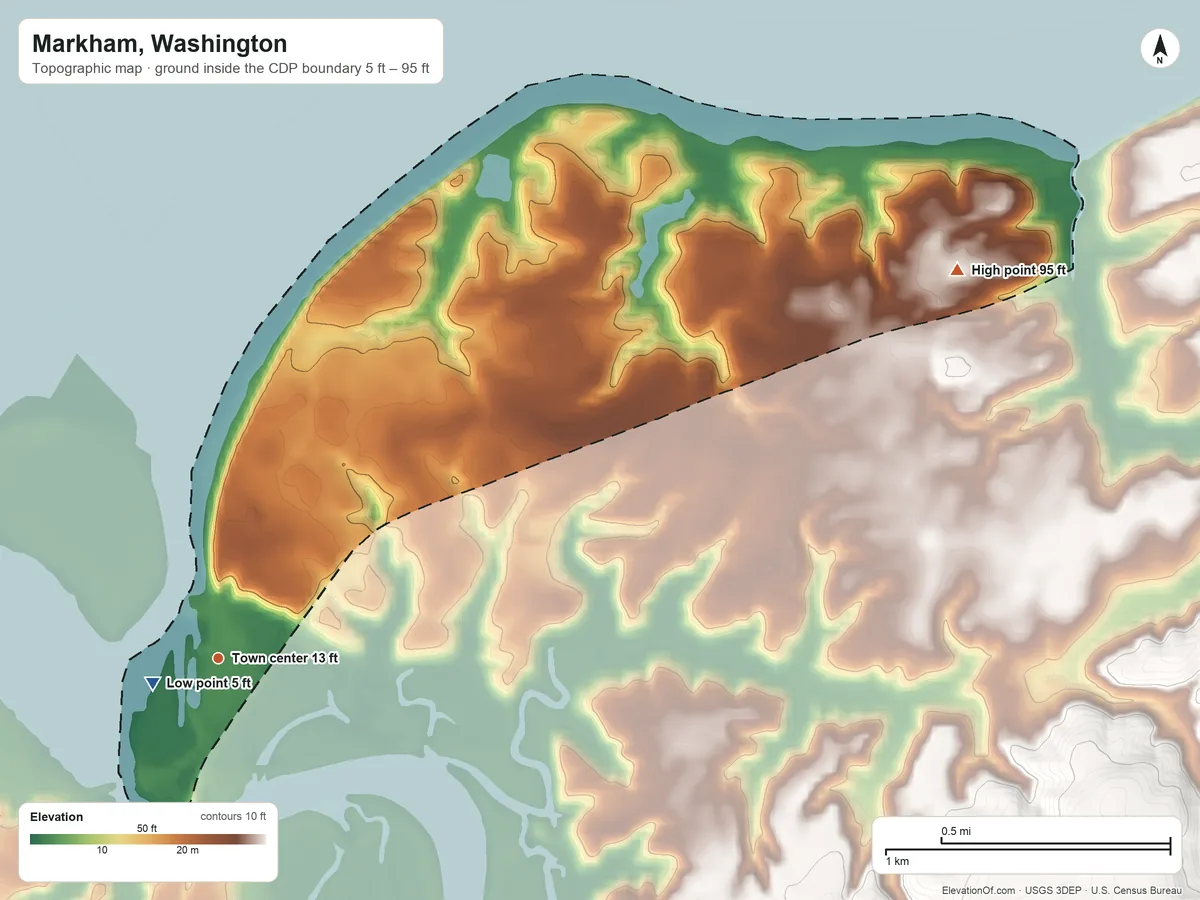 Topographic elevation map of Markham, Washington, shaded from 5 ft near the middle to 95 ft on the northeast side