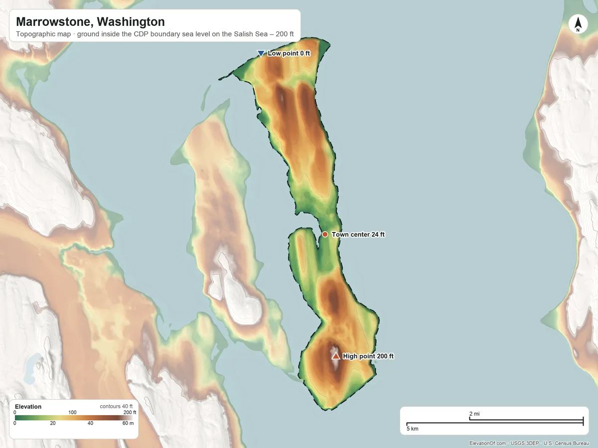 Topographic elevation map of Marrowstone, Washington, shaded from sea level level on the Salish Sea to 200 ft on the south side