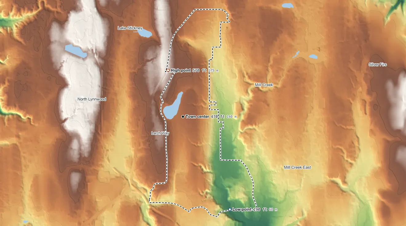 Topographic elevation map of Martha Lake, Washington, shaded from 190 ft on the southeast side to 570 ft on the north side