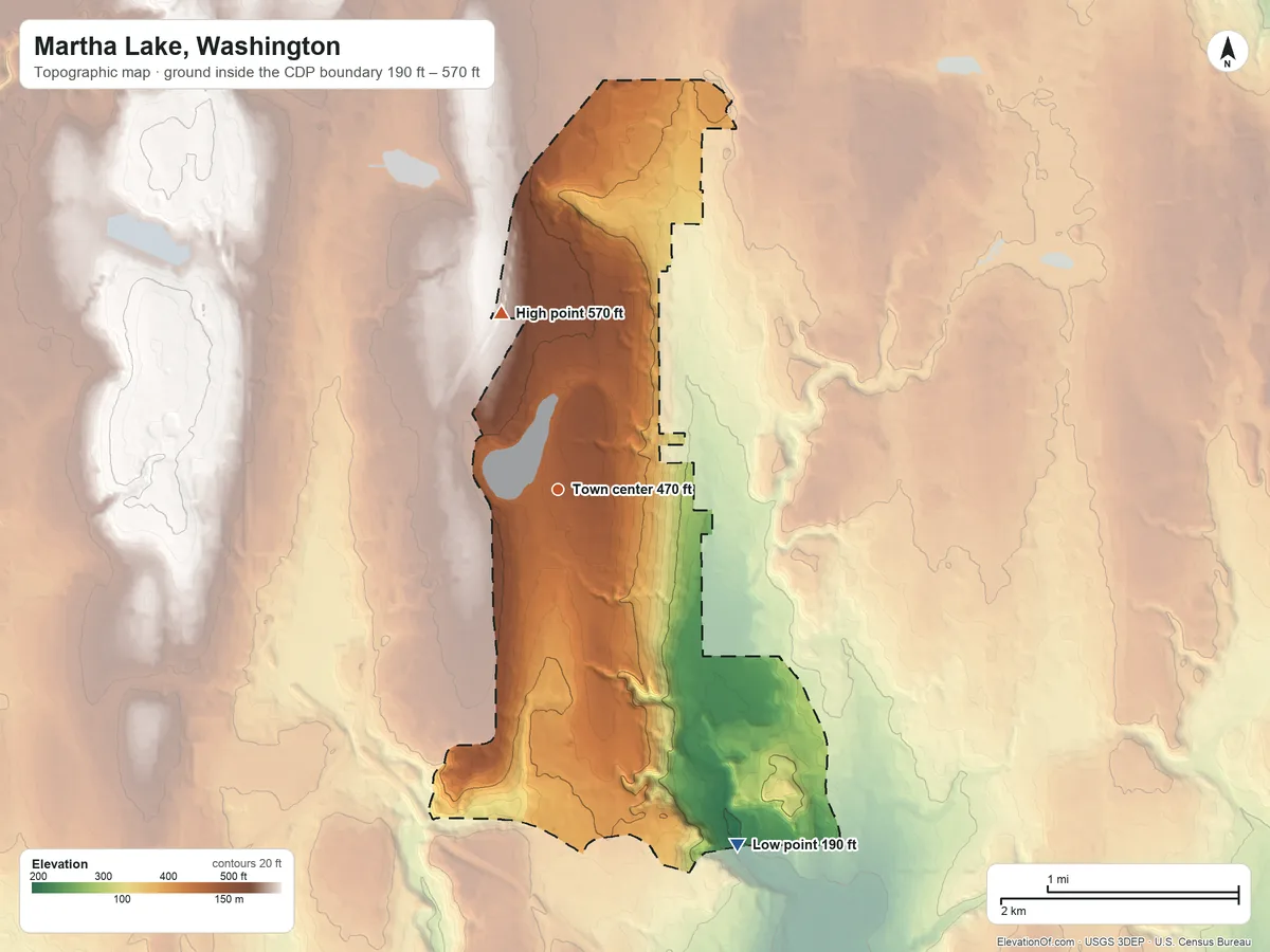 Topographic elevation map of Martha Lake, Washington, shaded from 190 ft on the southeast side to 570 ft on the north side