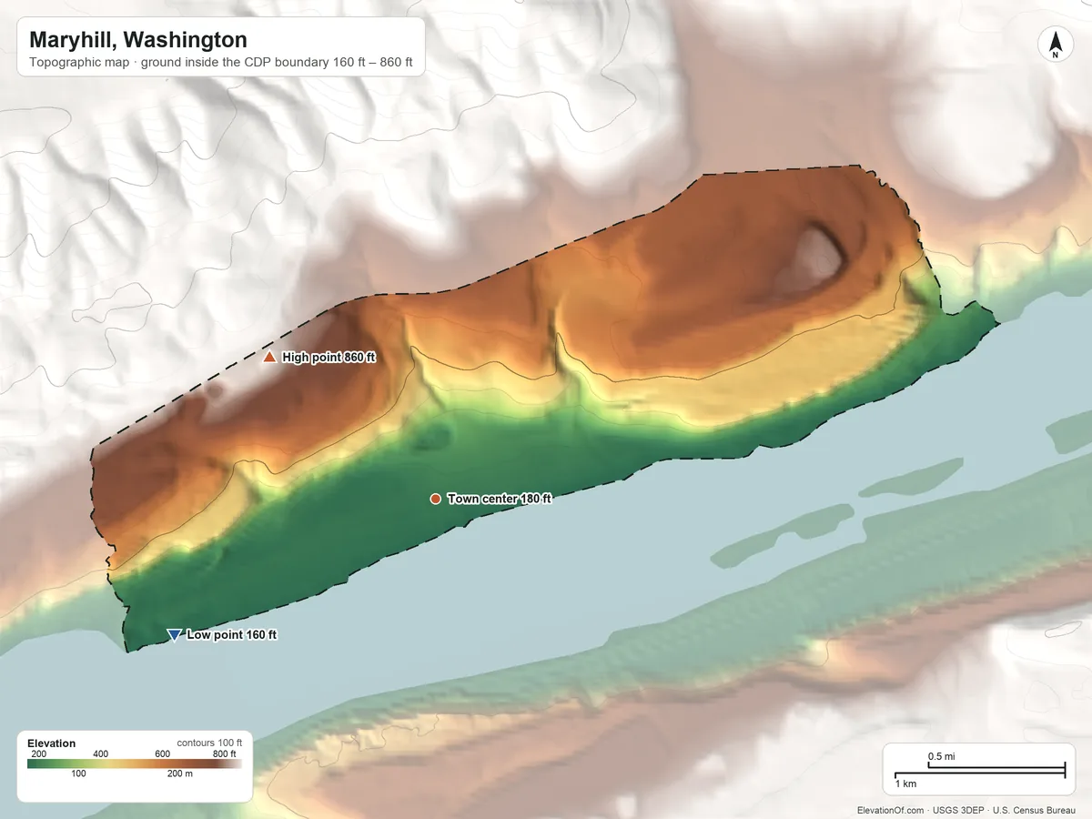 Topographic elevation map of Maryhill, Washington, shaded from 160 ft on the southwest side to 860 ft at the foot of the Columbia Hills
