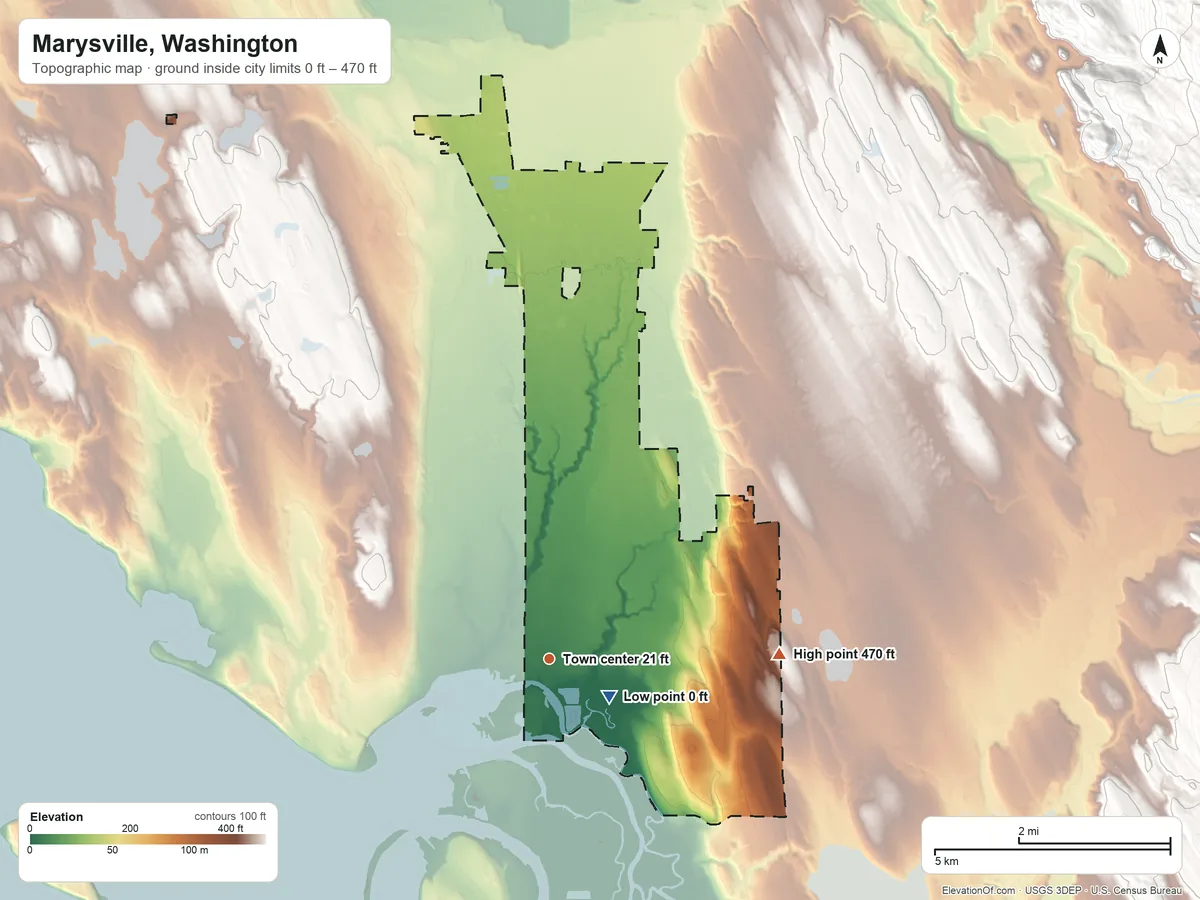 Topographic elevation map of Marysville, Washington, shaded from 0 ft near the middle to 470 ft on the east side