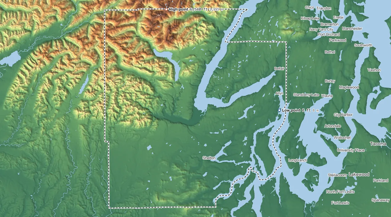 Topographic elevation map of Mason County, Washington, shaded from sea level on Case Inlet to 6,540 ft on Mount Stone