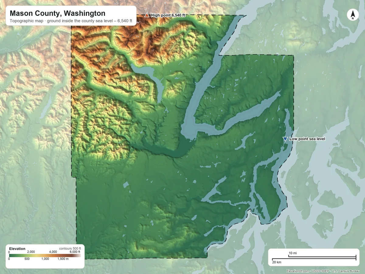 Topographic elevation map of Mason County, Washington, shaded from sea level on Case Inlet to 6,540 ft on Mount Stone