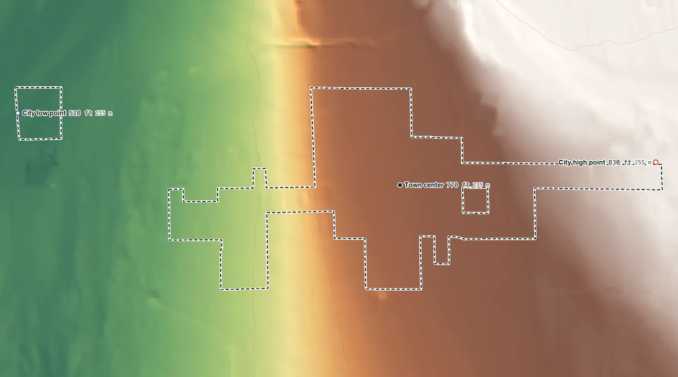 Topographic elevation map of Mattawa, Washington, shaded from 510 ft on the west side to 830 ft on the east side