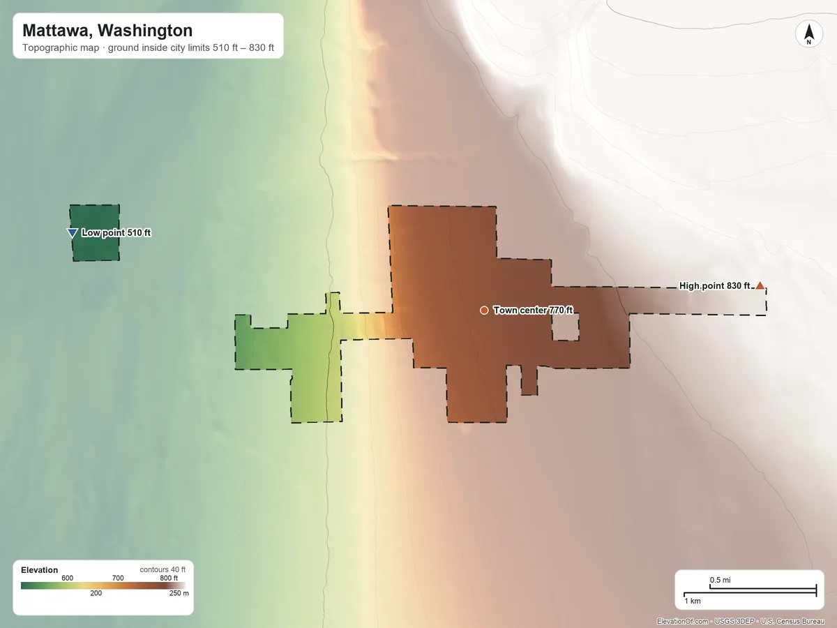 Topographic elevation map of Mattawa, Washington, shaded from 510 ft on the west side to 830 ft on the east side
