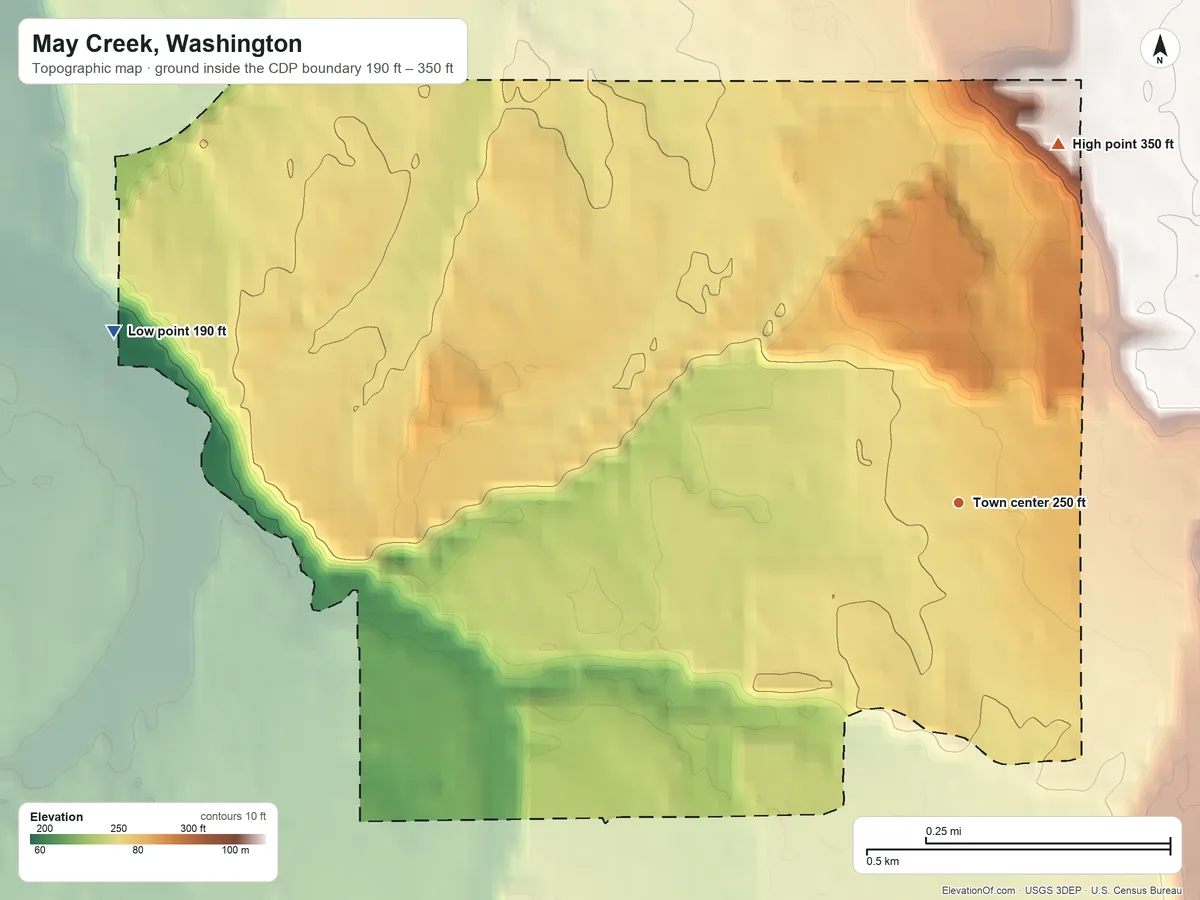 Topographic elevation map of May Creek, Washington, shaded from 190 ft on the west side to 350 ft on the north edge, below higher ground just outside