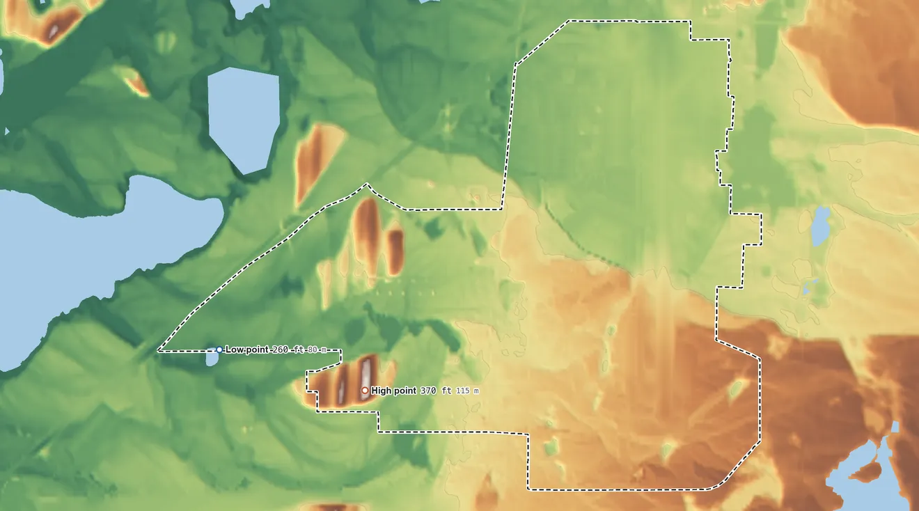 Topographic elevation map of McChord AFB, Washington, shaded from 260 ft on the west side to 370 ft on Westcott Hills