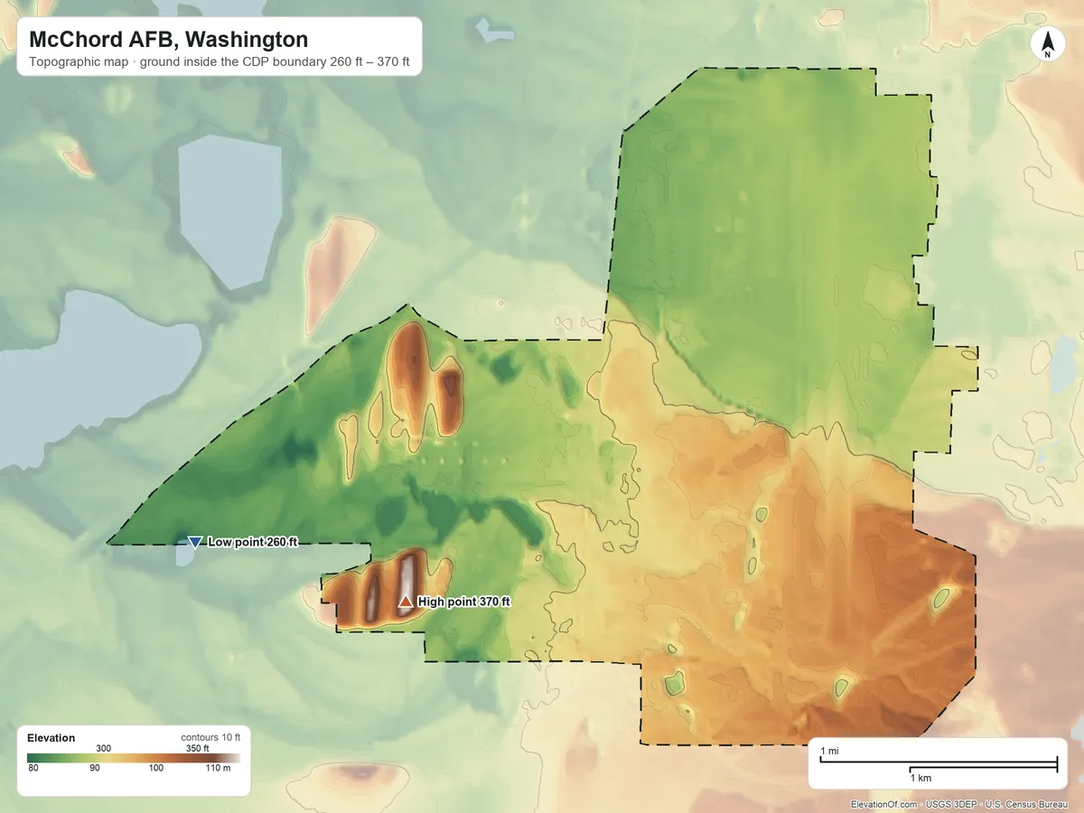 Topographic elevation map of McChord AFB, Washington, shaded from 260 ft on the west side to 370 ft on Westcott Hills