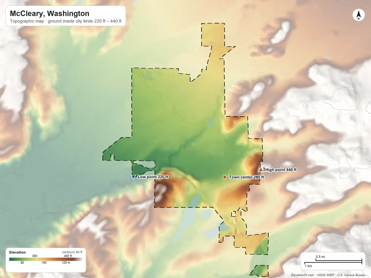 Topographic elevation map of McCleary, Washington, shaded from 220 ft on the west side to 440 ft at the foot of the Black Hills