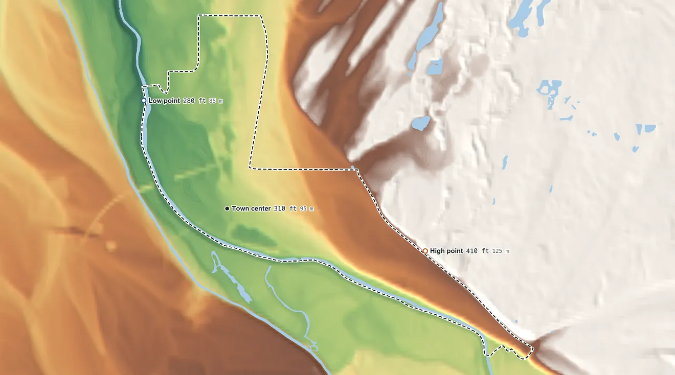 Topographic elevation map of McKenna, Washington, shaded from 280 ft on the northwest side to 410 ft on the east side