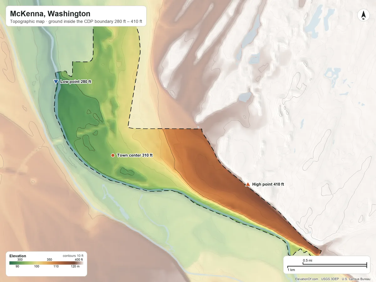 Topographic elevation map of McKenna, Washington, shaded from 280 ft on the northwest side to 410 ft on the east side