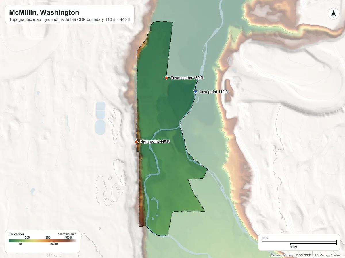 Topographic elevation map of McMillin, Washington, shaded from 110 ft on the southeast side to 440 ft on the southwest side