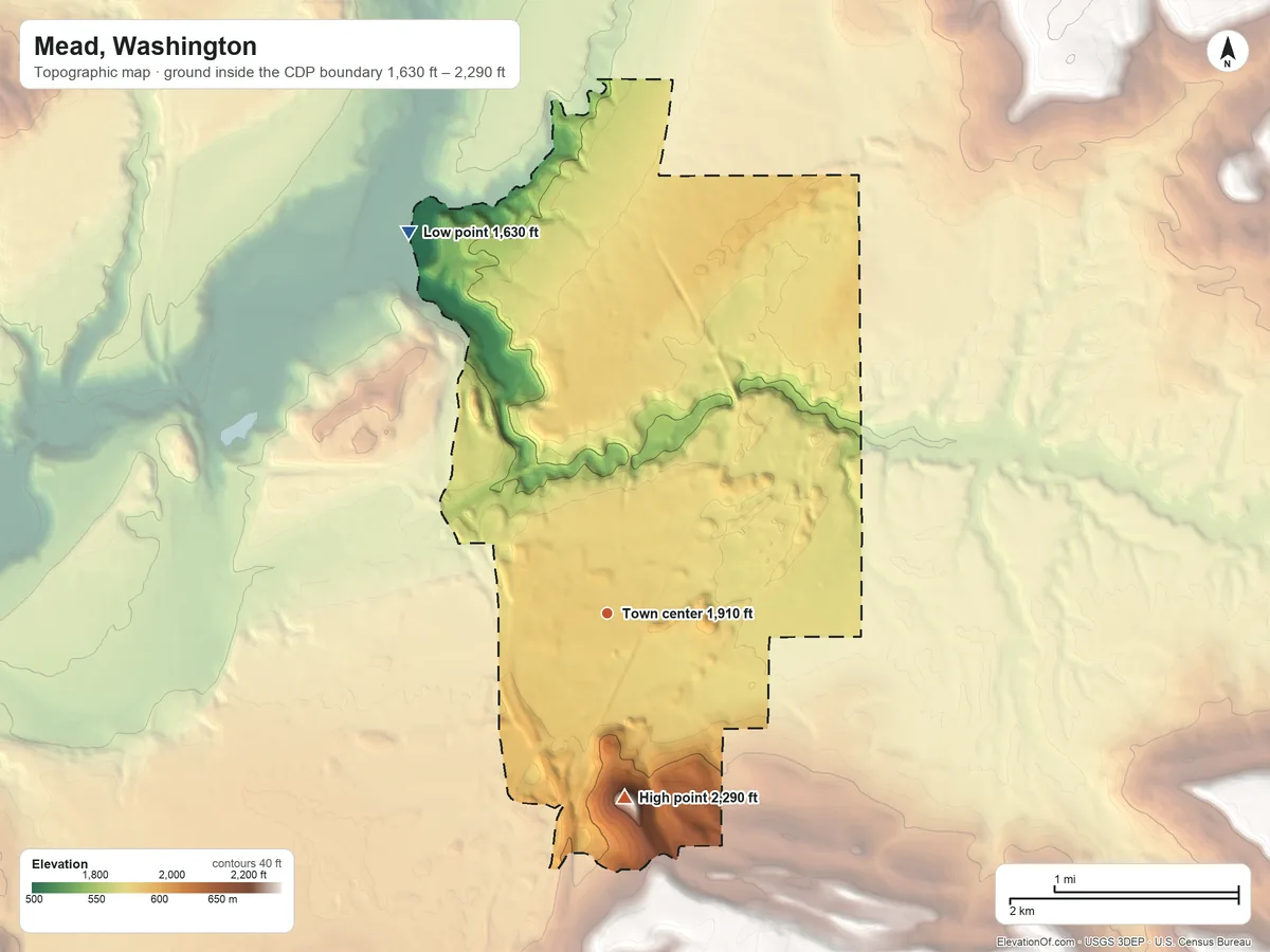 Topographic elevation map of Mead, Washington, shaded from 1,630 ft on the northwest side to 2,290 ft on the south side