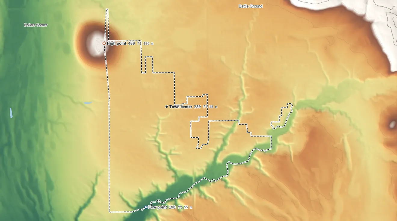 Topographic elevation map of Meadow Glade, Washington, shaded from 190 ft on the south side to 400 ft on the northwest side