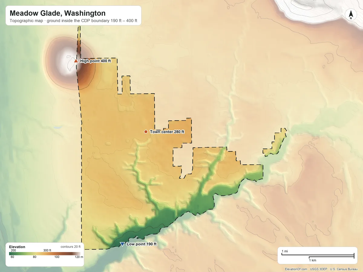 Topographic elevation map of Meadow Glade, Washington, shaded from 190 ft on the south side to 400 ft on the northwest side