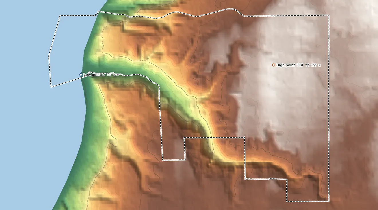 Topographic elevation map of Meadowdale, Washington, shaded from sea level level on the Salish Sea to 510 ft near the middle