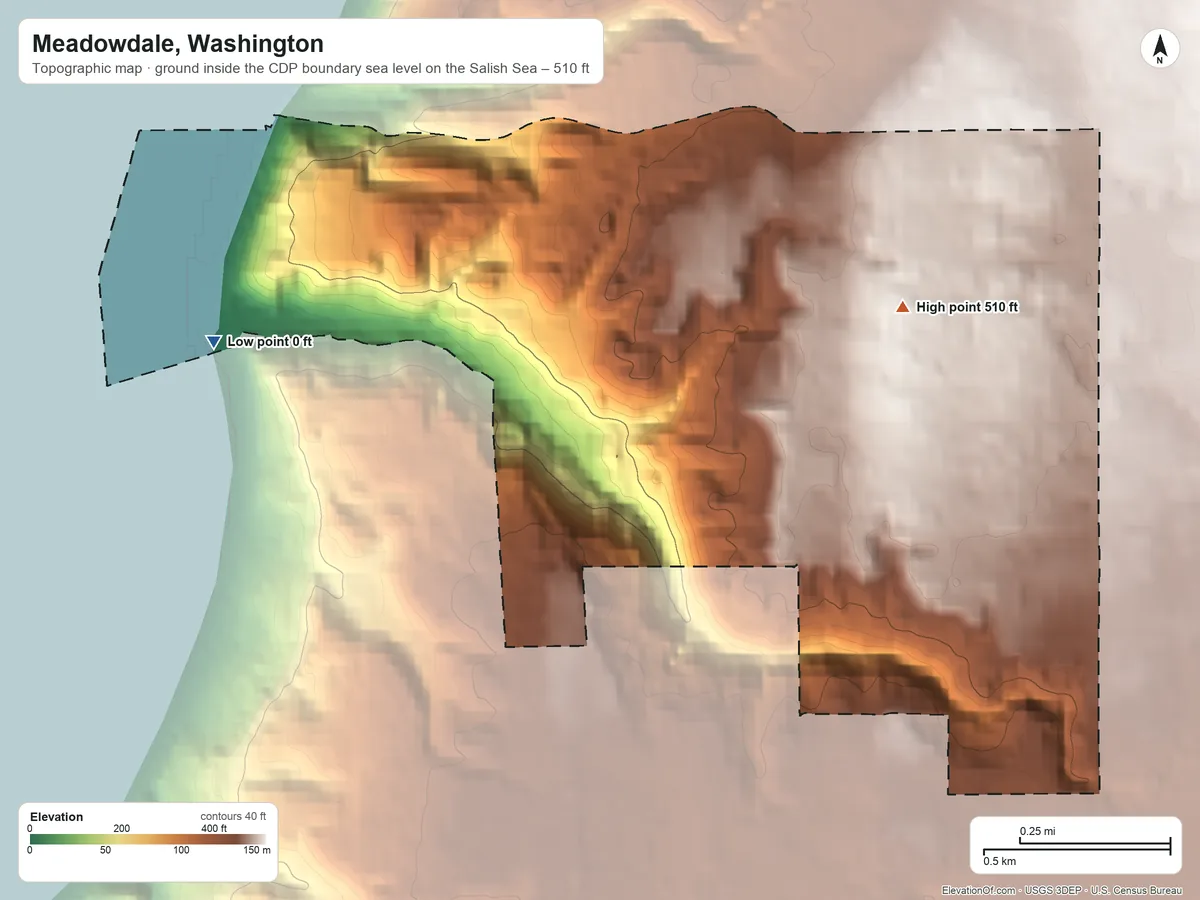 Topographic elevation map of Meadowdale, Washington, shaded from sea level level on the Salish Sea to 510 ft near the middle