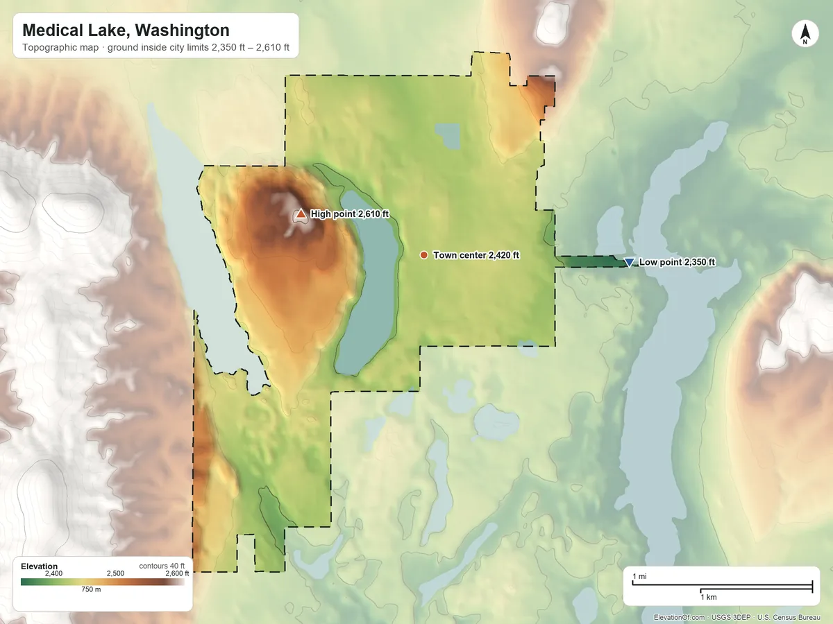 Topographic elevation map of Medical Lake, Washington, shaded from 2,350 ft on the east side to 2,610 ft at the foot of the Lance Hills