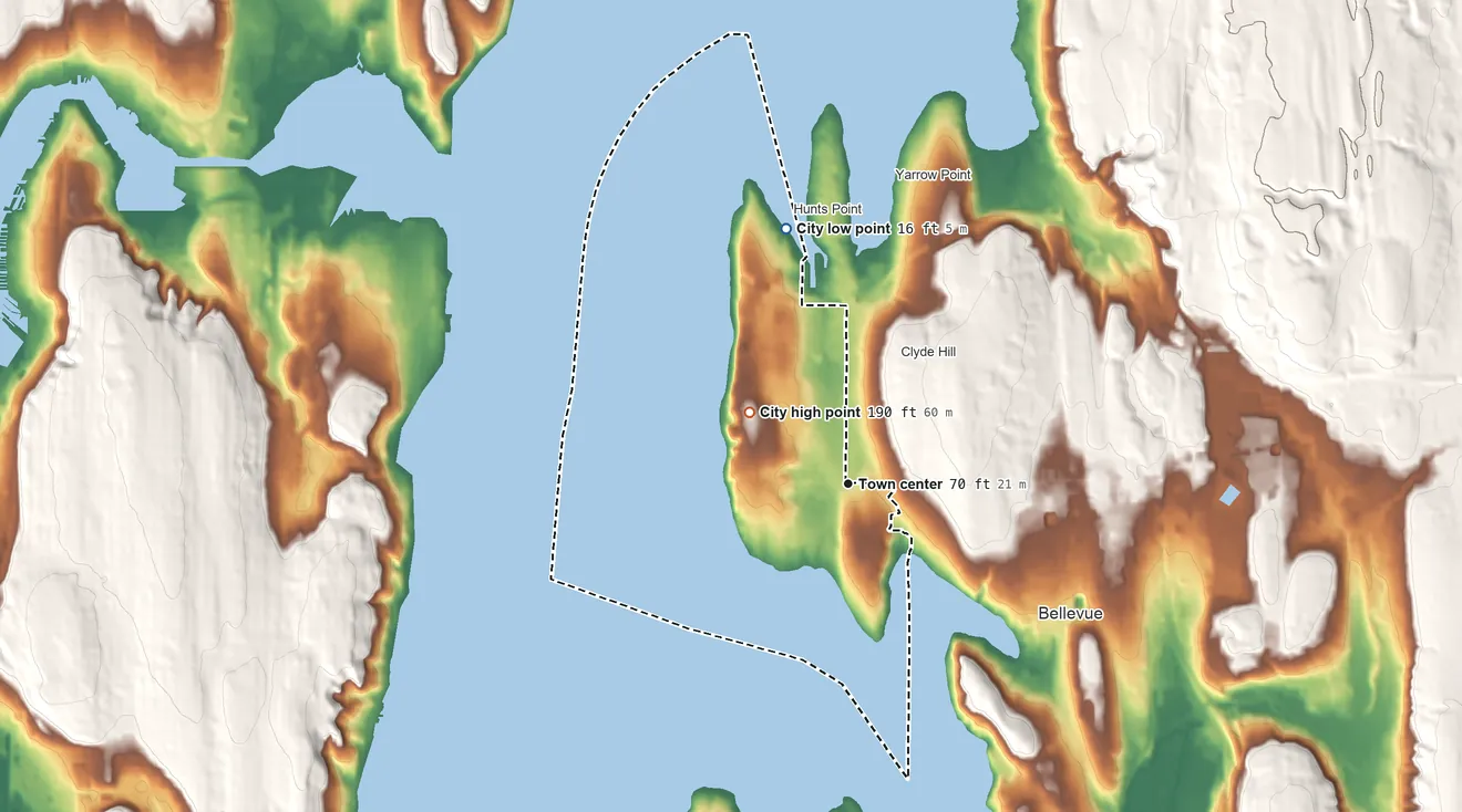 Topographic elevation map of Medina, Washington, shaded from 16 ft on the north side to 190 ft on the northwest side