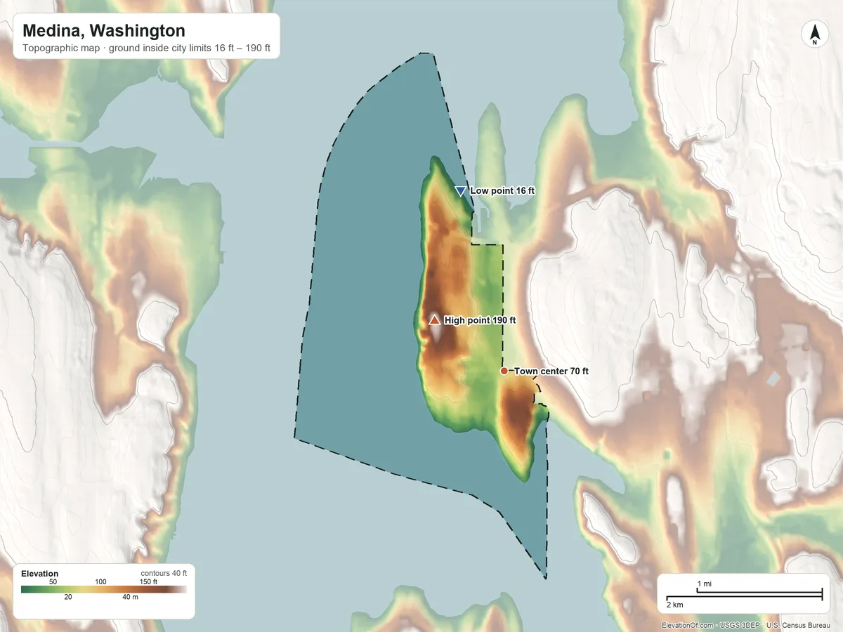 Topographic elevation map of Medina, Washington, shaded from 16 ft on the north side to 190 ft on the northwest side