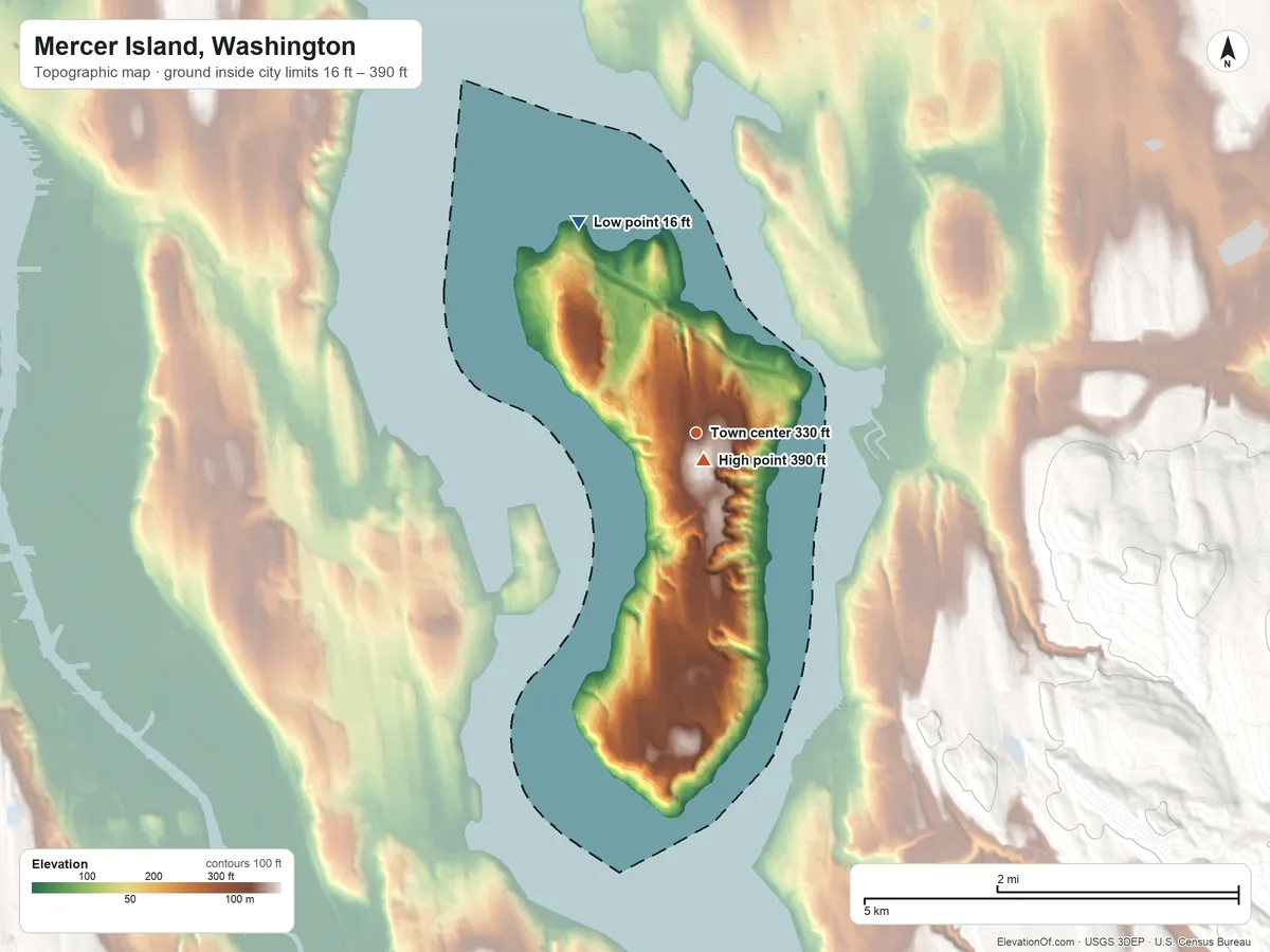 Topographic elevation map of Mercer Island, Washington, shaded from 16 ft on the northwest side to 390 ft near the middle