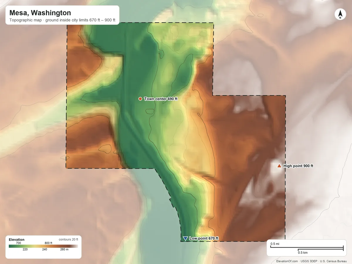 Topographic elevation map of Mesa, Washington, shaded from 670 ft on the south side to 900 ft on the southeast side