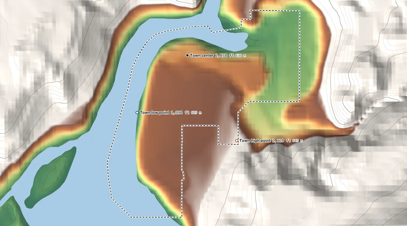 Topographic elevation map of Metaline Falls, Washington, shaded from 1,990 ft on the southwest side to 2,120 ft on the southeast edge, below higher ground just outside