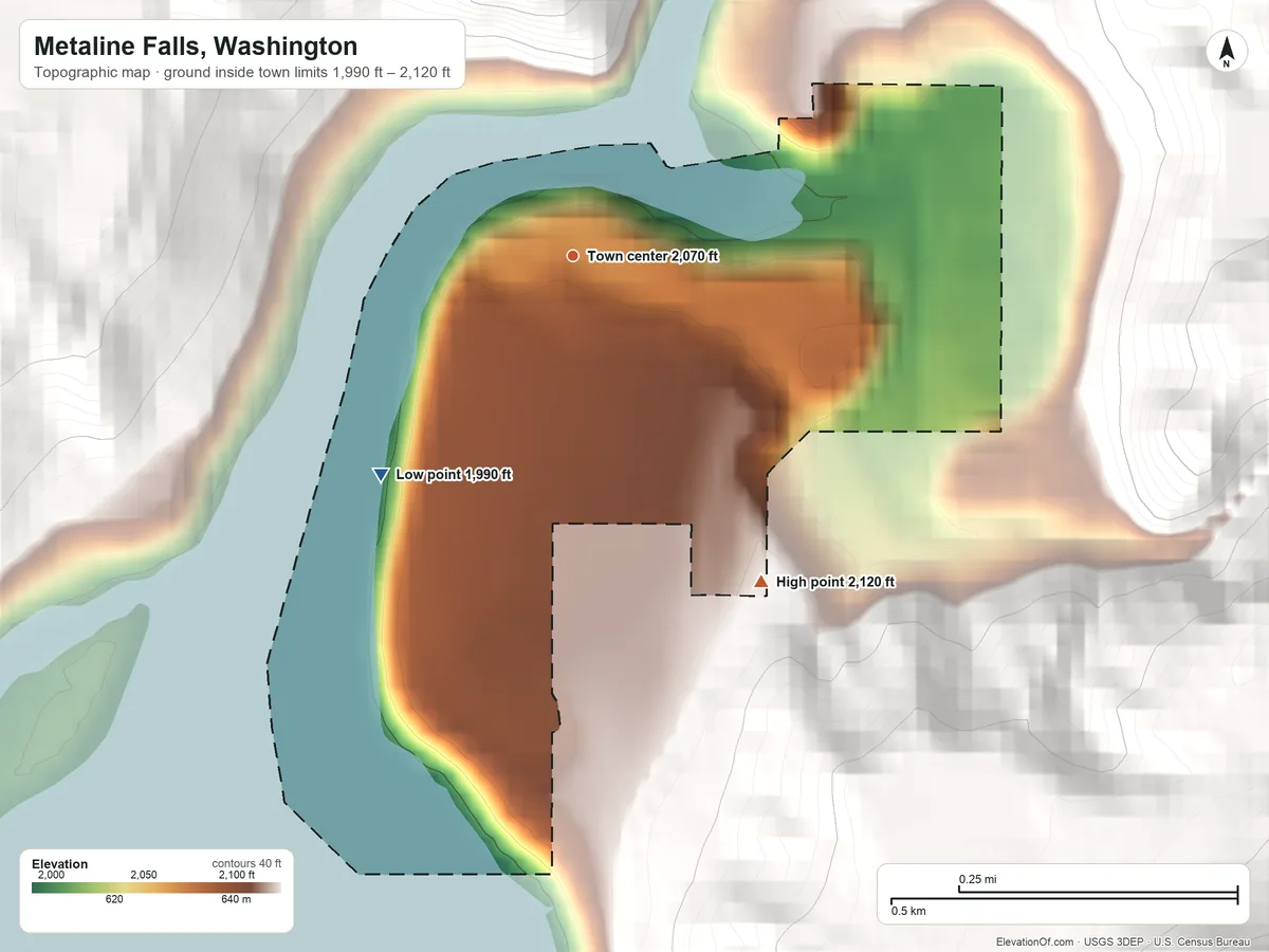 Topographic elevation map of Metaline Falls, Washington, shaded from 1,990 ft on the southwest side to 2,120 ft on the southeast edge, below higher ground just outside