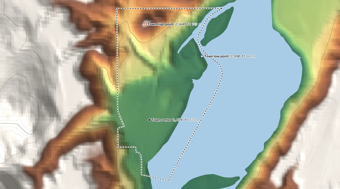 Topographic elevation map of Metaline, Washington, shaded from 1,990 ft on the northeast side to 2,440 ft on the north edge, below higher ground just outside