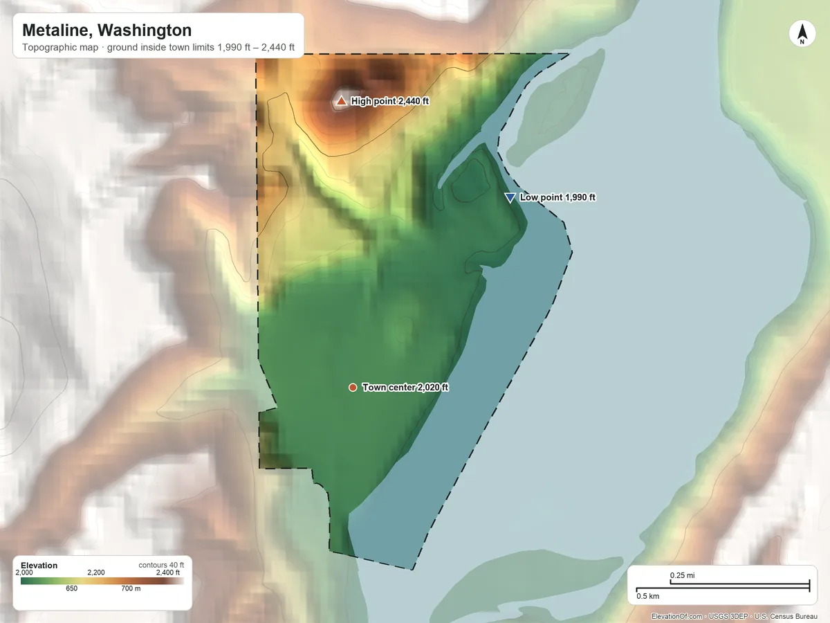 Topographic elevation map of Metaline, Washington, shaded from 1,990 ft on the northeast side to 2,440 ft on the north edge, below higher ground just outside