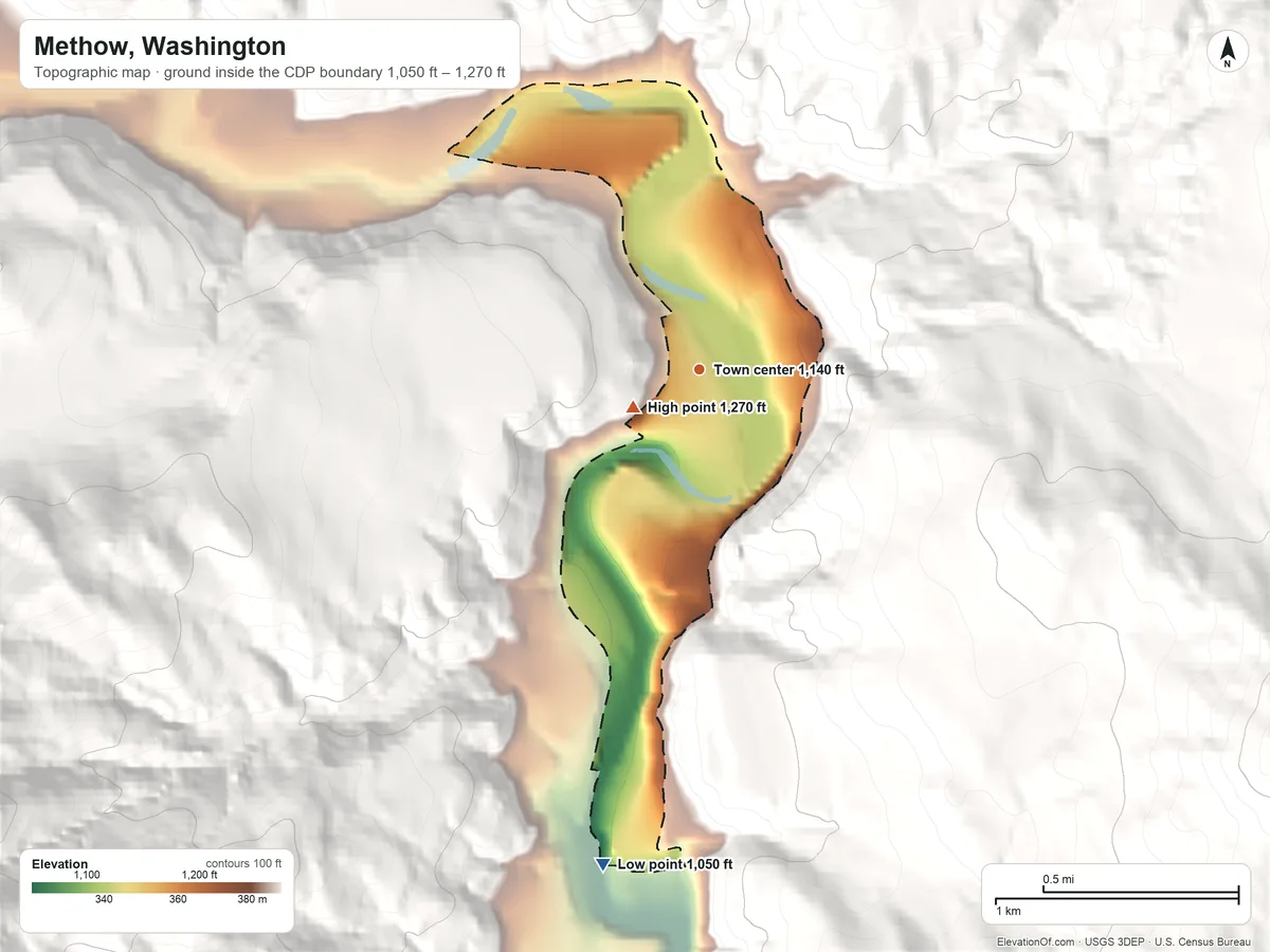 Topographic elevation map of Methow, Washington, shaded from 1,050 ft on the south side to 1,270 ft on the southwest edge, below higher ground just outside