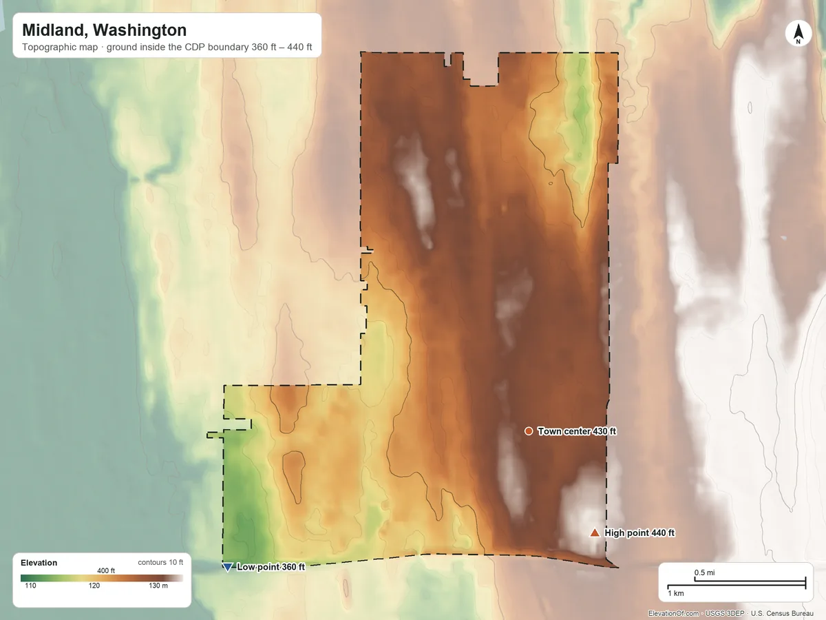 Topographic elevation map of Midland, Washington, shaded from 360 ft on the southwest side to 440 ft on the southeast side