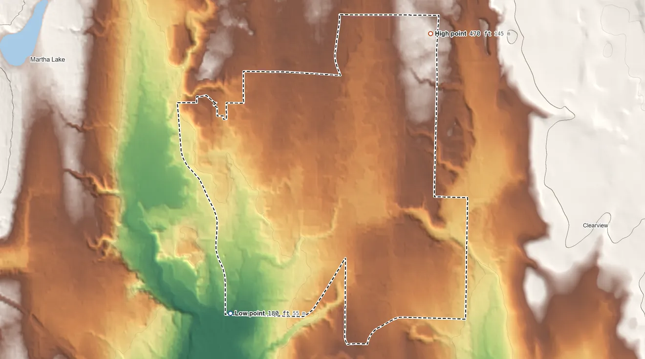 Topographic elevation map of Mill Creek East, Washington, shaded from 180 ft on the southwest side to 470 ft on the northeast side