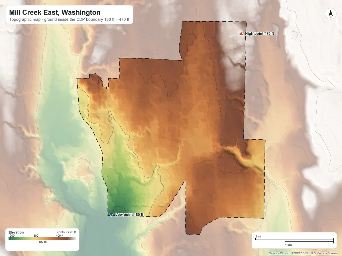 Topographic elevation map of Mill Creek East, Washington, shaded from 180 ft on the southwest side to 470 ft on the northeast side