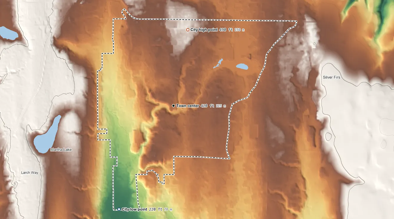 Topographic elevation map of Mill Creek, Washington, shaded from 220 ft on the southwest side to 490 ft on the north side