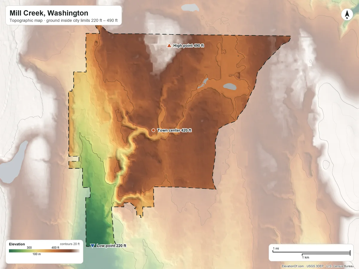 Topographic elevation map of Mill Creek, Washington, shaded from 220 ft on the southwest side to 490 ft on the north side