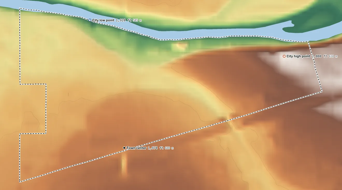 Topographic elevation map of Millwood, Washington, shaded from 1,920 ft on the north side to 2,000 ft on the northeast edge, below higher ground just outside