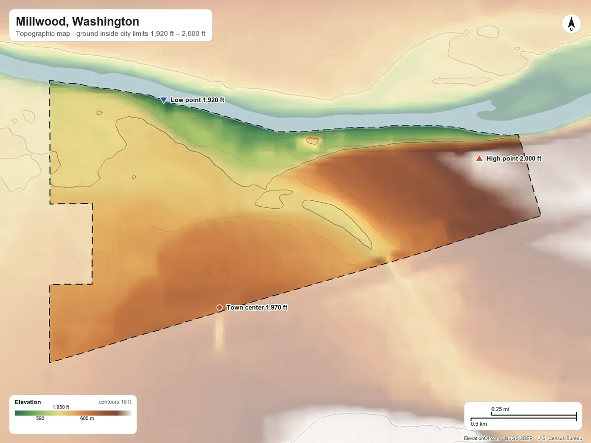 Topographic elevation map of Millwood, Washington, shaded from 1,920 ft on the north side to 2,000 ft on the northeast edge, below higher ground just outside