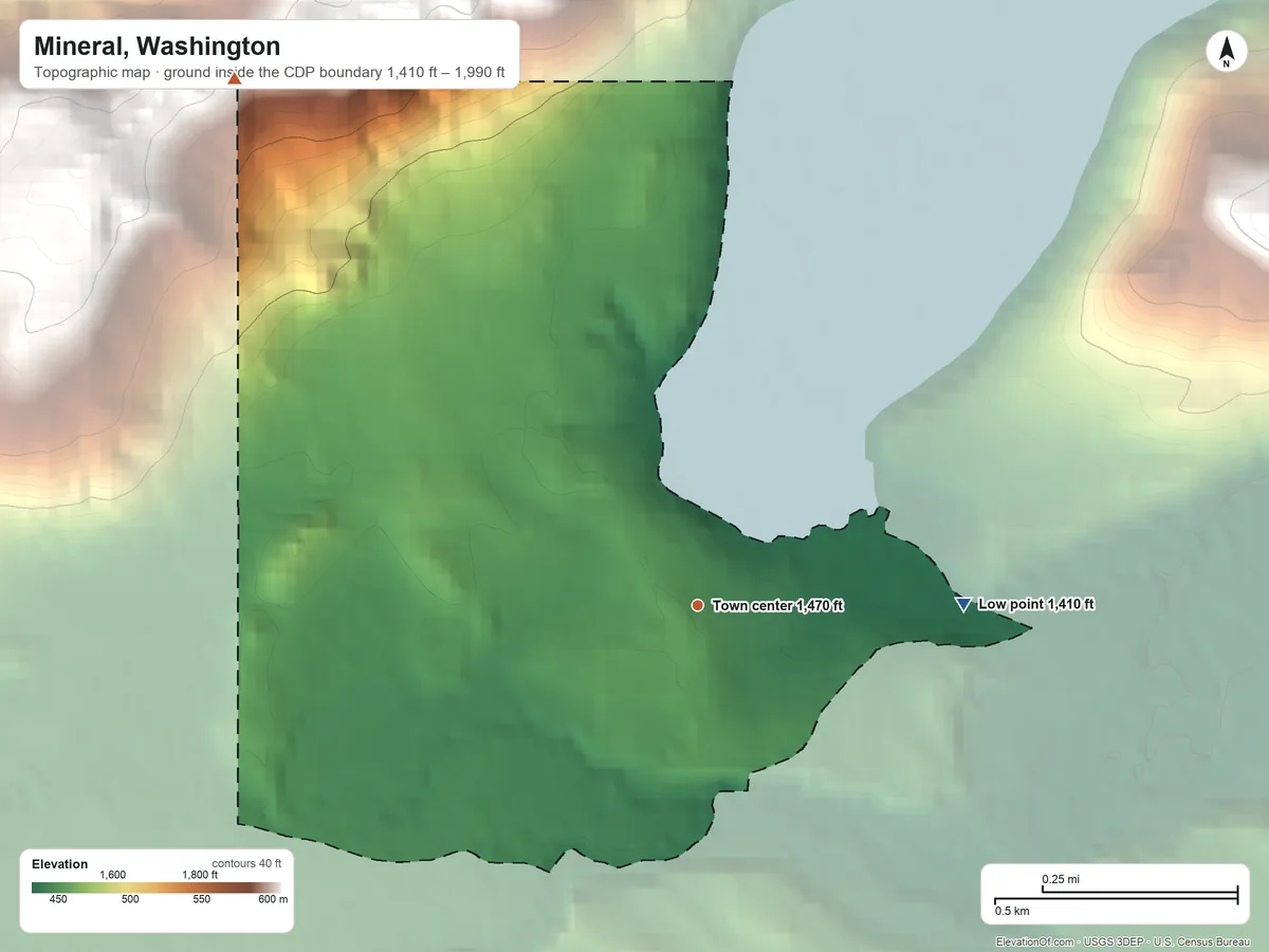 Topographic elevation map of Mineral, Washington, shaded from 1,410 ft on the east side to 1,990 ft on the northwest edge, below higher ground just outside