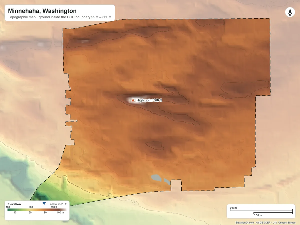 Topographic elevation map of Minnehaha, Washington, shaded from 99 ft on the southwest side to 360 ft near the middle