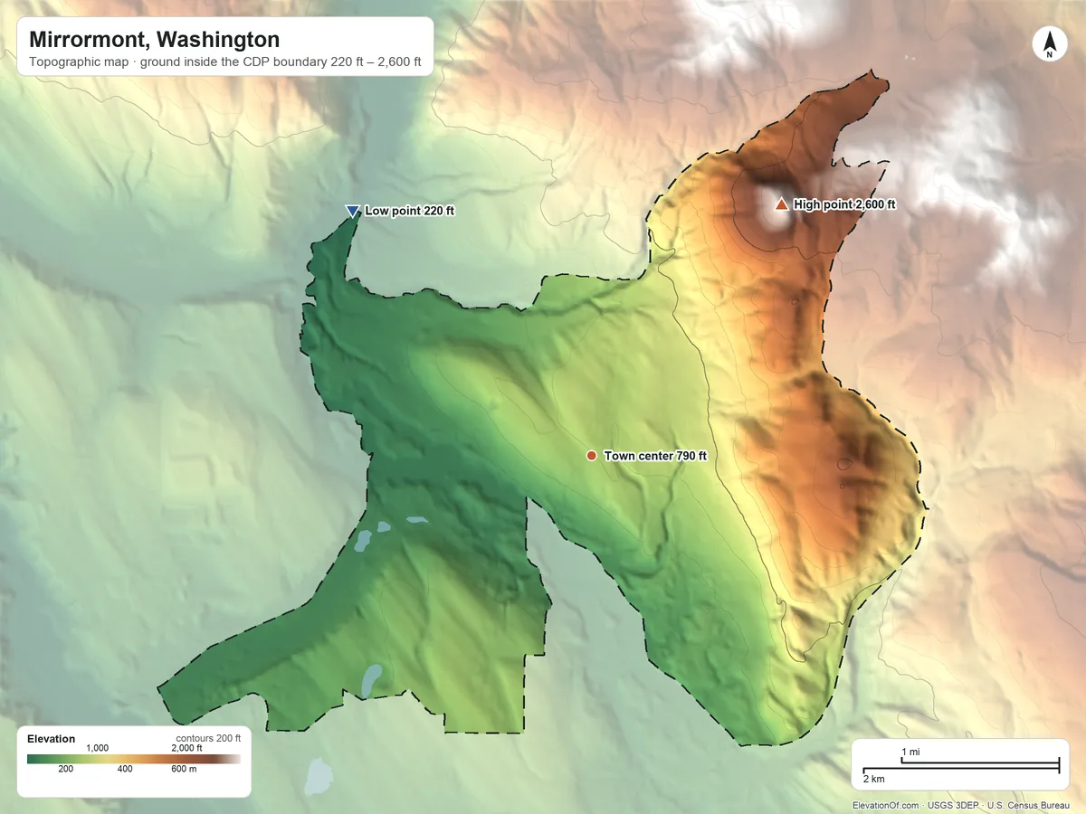 Topographic elevation map of Mirrormont, Washington, shaded from 220 ft on the northwest side to 2,600 ft on the northeast edge, below higher ground just outside