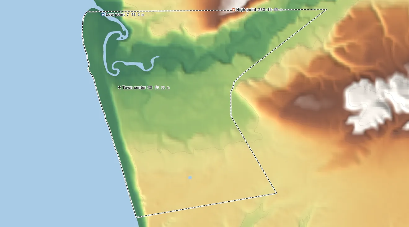 Topographic elevation map of Moclips, Washington, shaded from 7 ft on the north side to 280 ft on the northeast side
