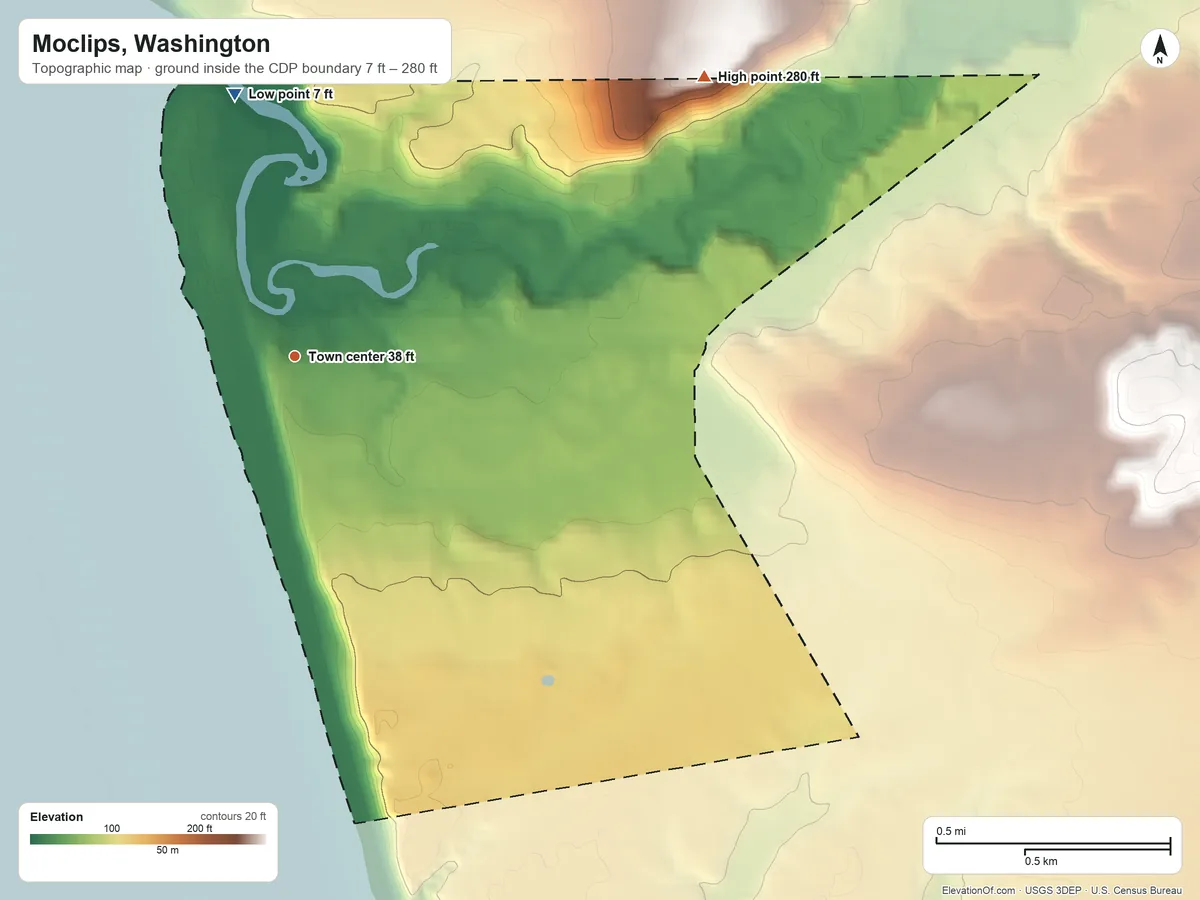 Topographic elevation map of Moclips, Washington, shaded from 7 ft on the north side to 280 ft on the northeast side