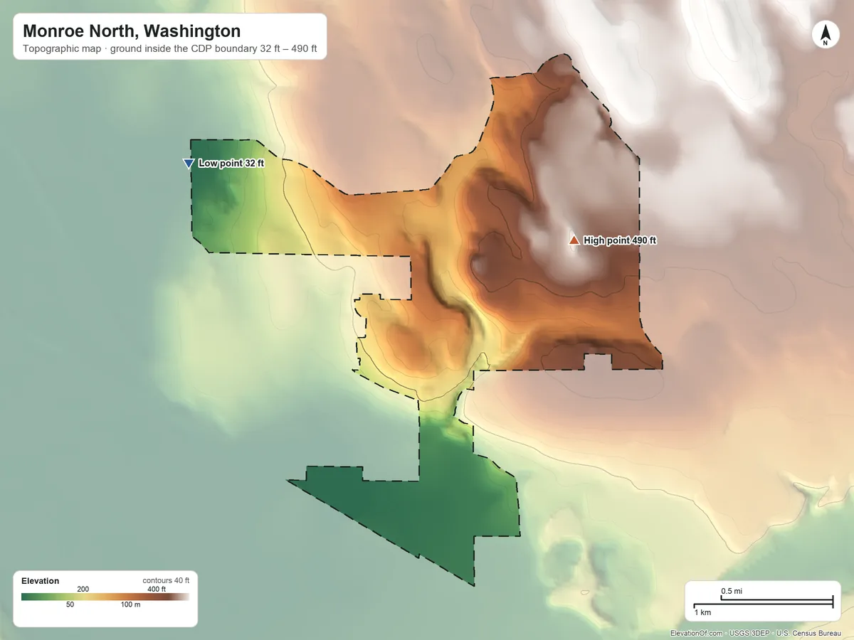 Topographic elevation map of Monroe North, Washington, shaded from 32 ft on the west side to 490 ft on the east side