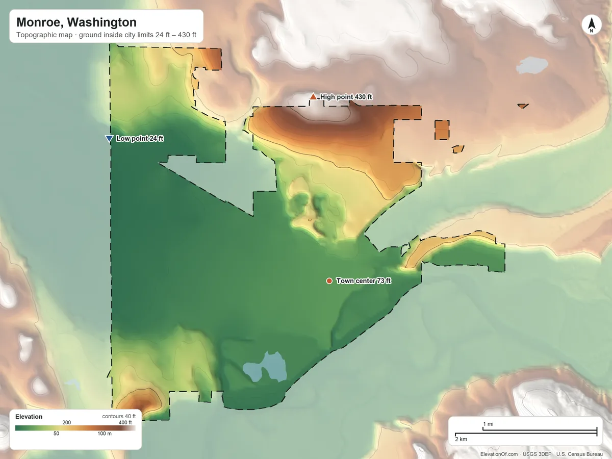Topographic elevation map of Monroe, Washington, shaded from 24 ft on the northwest side to 430 ft on the north side