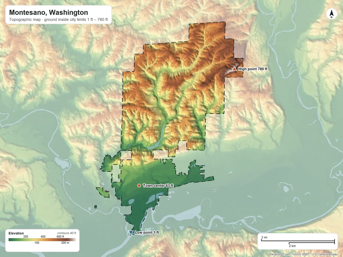 Topographic elevation map of Montesano, Washington, shaded from 1 ft on the south side to 780 ft on the northeast side
