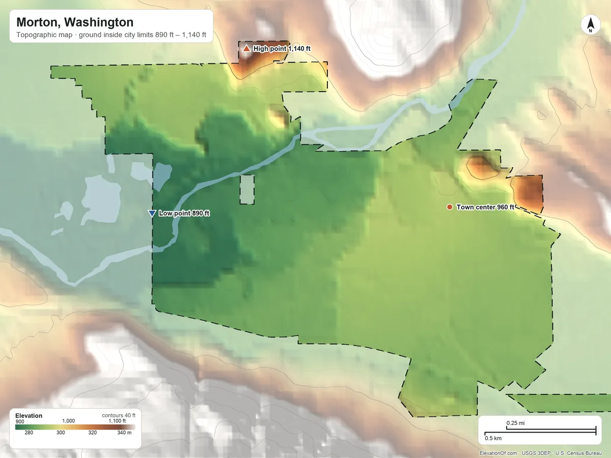 Topographic elevation map of Morton, Washington, shaded from 890 ft on the west side to 1,140 ft on the northwest edge, below higher ground just outside