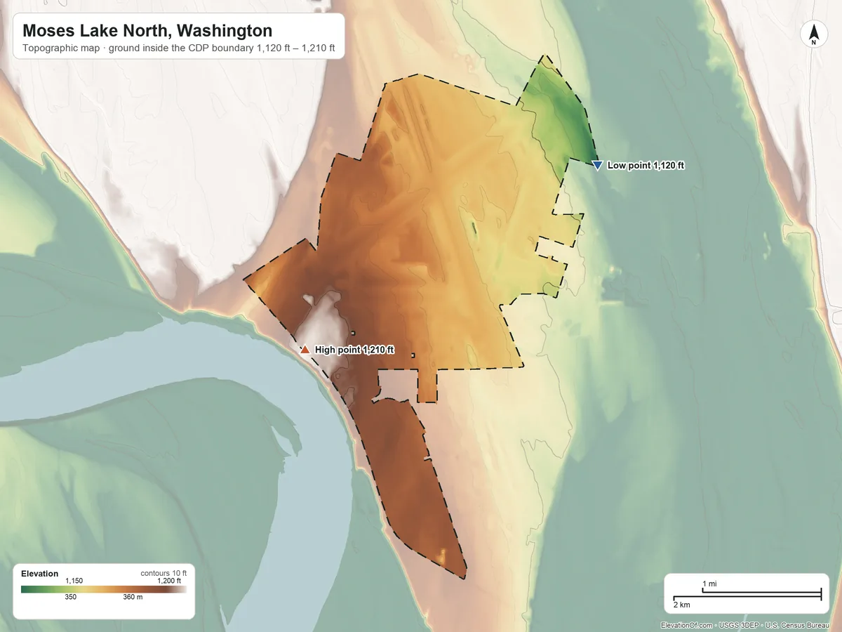 Topographic elevation map of Moses Lake North, Washington, shaded from 1,120 ft on the northeast side to 1,210 ft on the northwest side