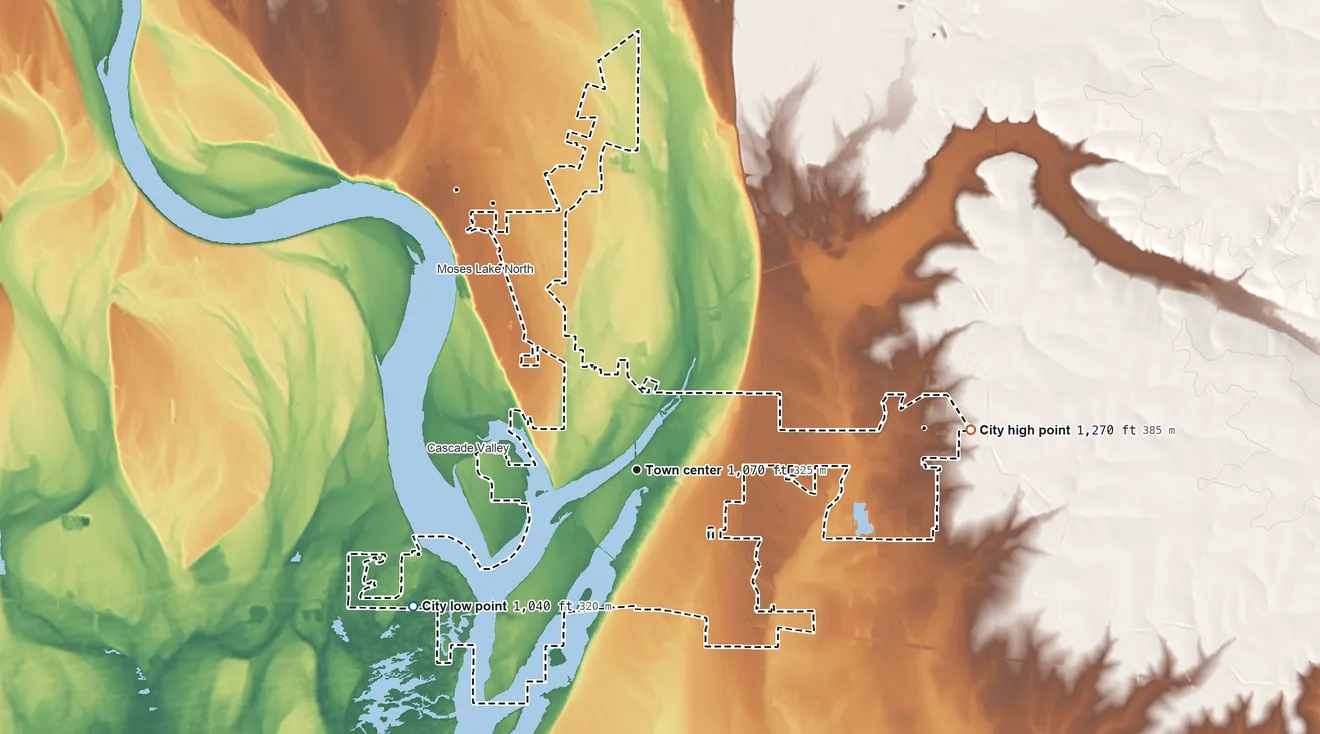 Topographic elevation map of Moses Lake, Washington, shaded from 1,040 ft on the southwest side to 1,270 ft on the east side